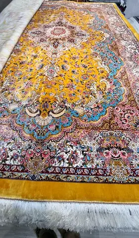 Brand new machine silk Persian-style Yellow Floral Area Rug with Fringe — Large