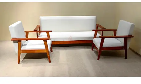 Mid-century Wooden Frame Sofa Set with White Upholstery (3-piece)