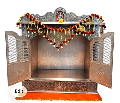 Handcrafted Silver Finish Wooden Pooja Mandir with Carved Doors
