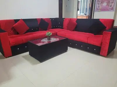 L shape sofa set 7 seater with glass table and cushions available for sale