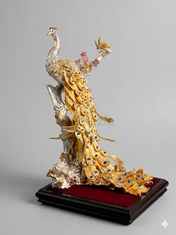 Ornate Gold  Silver Peacock Figurine on Wooden Base