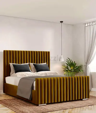 Upholstered Velvet King Bed with Vertical Channel Headboard (Mustard)