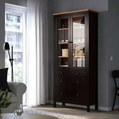 Tall Glass-Front Cabinet with Drawers - Dark Wood, Good Condition