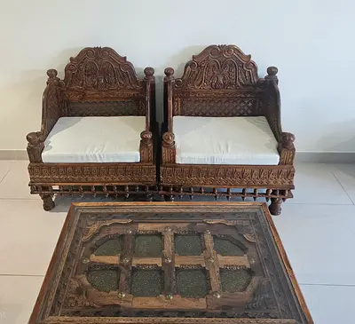 Wooden chairs with cushions  coffee table