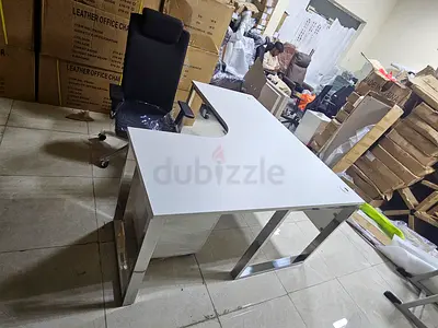 White L-shaped Reception/Office Desk with Chrome Legs (Used)
