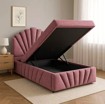 Upholstered Storage Bed with Shell Headboard - Pink, Queen