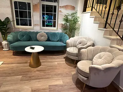 Velvet 3-seater sofa + 2 matching accent chairs set — modern scallop design from Al Huzaifa