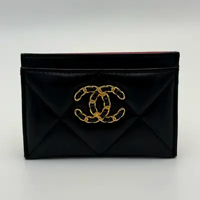 AUTHENTIC CHANEL 19 CARD WALLET IN BLACK LAMBSKIN