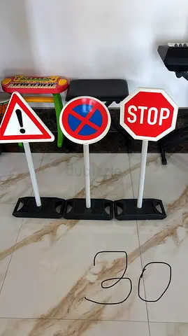 Set of 3 Toy Road Signs (Stop, Warning, No Parking) - Lightweight Play Traffic Signs