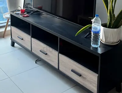 Black TV Unit with Three Drawers - Modern Low Media Console