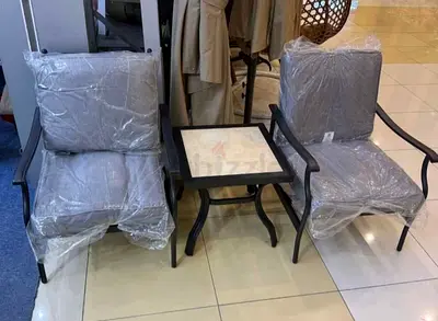 Outdoor/Patio 2-Seater Metal Armchairs with Side Table - Gray Cushions