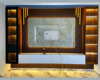 Wall-mounted entertainment unit with LED lighting and marble panel