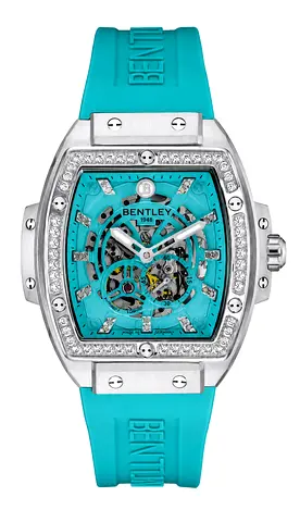 Bentley Automatic Skeleton Mens Watch with Aqua Blue Rubber Strap