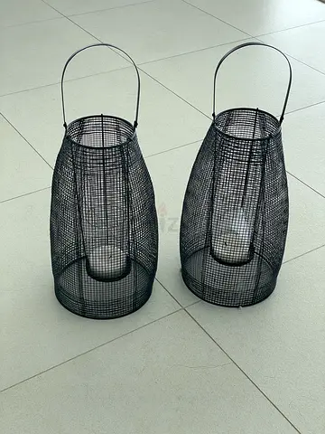 Pair of Black Woven Metal Lanterns with Handles