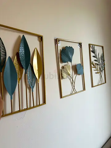 Set of 3 Metal Leaf Wall Art Panels - Blue  Gold
