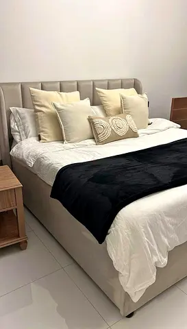 Modern Bedframe in stylish design fully customisable Quee size in soft Fabric storage can be install