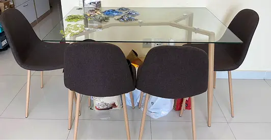Glass Top Dining Table with 4 Fabric Chairs - Modern Set