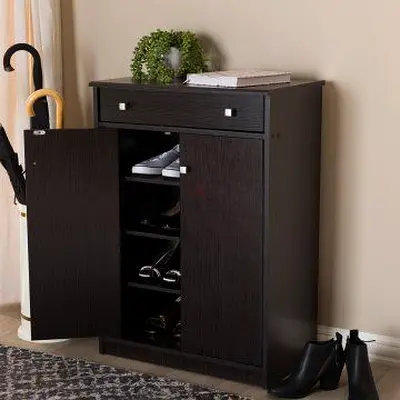 Compact Dark Wood Shoe Cabinet with Drawer - Good Condition