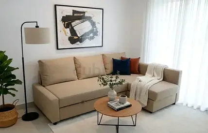 Beige L-shaped Sofa bed with Chaise - Modern, Good Condition