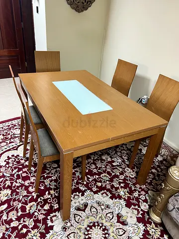 Wooden 5-Seater Dining Table with Glass Inset and Chairs - Good Condition
