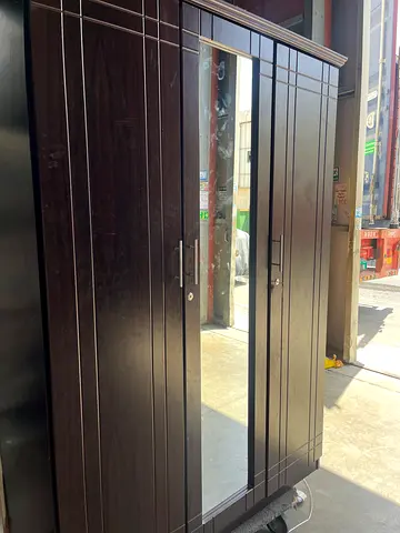 Dark Wood 3-Door Wardrobe with Mirror - Good Condition
