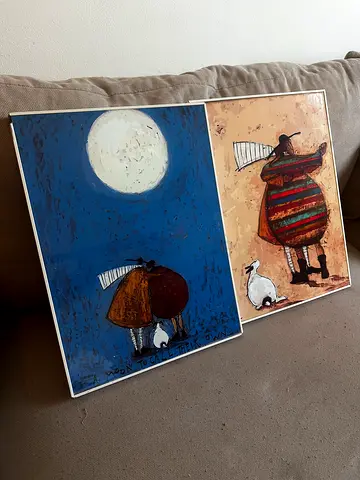 Pair of Framed Folk-Art Animal Prints (Blue  Beige frames) decor