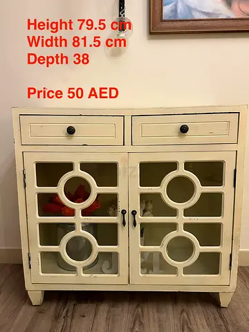 White Vintage-Style Glass Front Cabinet with Drawers