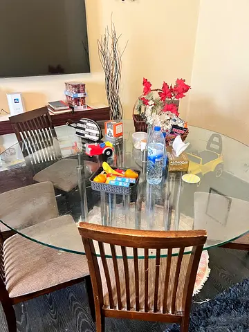 Bonaldo Glass Top Dining Table with 6 Wooden Chairs- some chairs need to repair