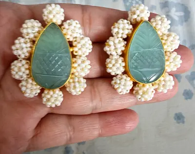 Vintage jade teardrop earrings with pearl cluster border