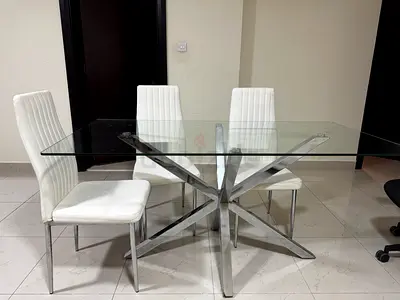 Tempered glass dining table with 6pcs faux leather dining chair with chrome legs - good condition