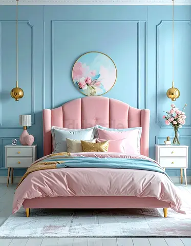 Pink Upholstered Queen Bed with Curved Headboard