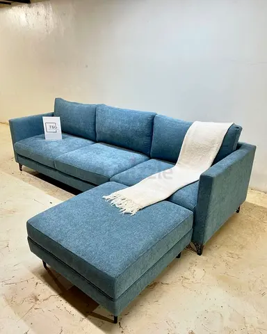 Modern L-shaped Blue Fabric Sofa with Chaise (3-seater)