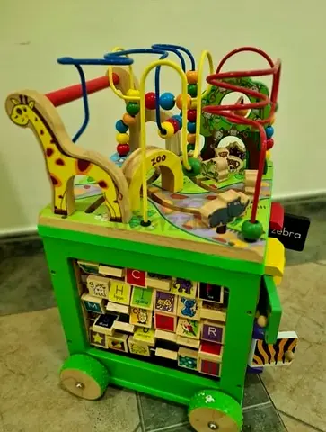 Kids Educational Toy Wooden Activity Cube with Bead Maze, Blocks and Animal Push Wheel