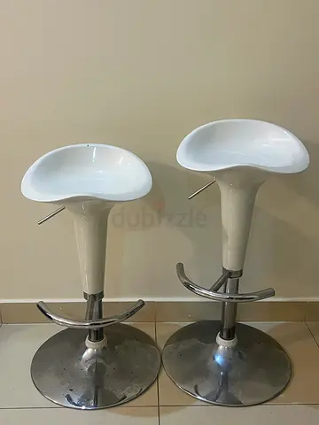Set of 2 White Adjustable Bar Stools with Chrome Base.