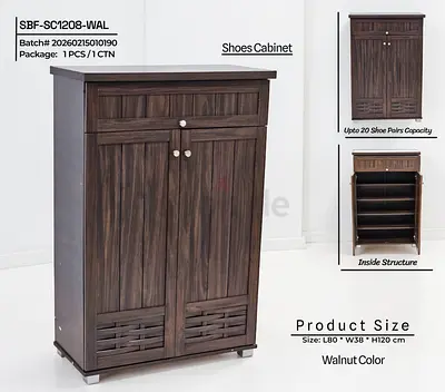 Walnut Wooden Shoe Cabinet - 20 Pairs Capacity