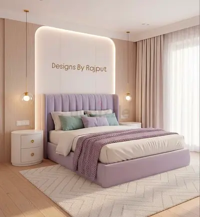 Modern Upholstered Double Bed with Headboard (Lilac)