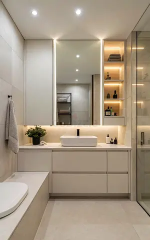 Modern Built-in Bathroom Vanity with Mirror and Open Shelves