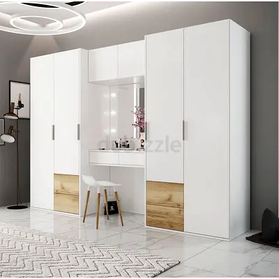 White Modern Wardrobe with Built-in Vanity and Wood Accent
