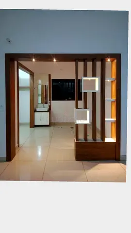 Wooden room divider with built-in illuminated display shelves