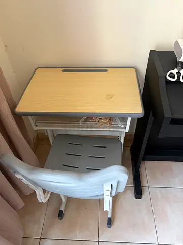 Kids study desk and chair set - adjustable wooden top with gray chair