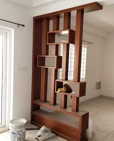 Wooden Room Divider with Display Shelves