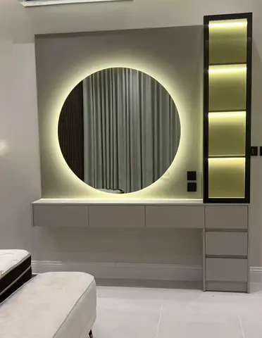 Wall-mounted vanity unit with LED round mirror and shelving