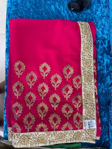 Bright pink and green embroidered saree with gold border - gently used