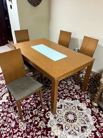Wooden 5-Seater Dining Table with Glass Inset and Chairs - Good Condition