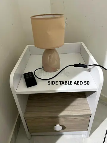 White Side Table with Drawer and Lamp - Good Condition