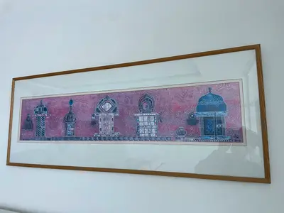 Framed Long Panoramic Artwork with Ornate Clock and Dome Motifs 110x43 cm