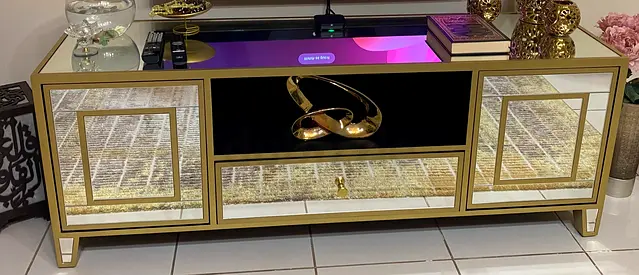 Low TV Entertainment Cabinet with Mirrored Panels and Gold Trim