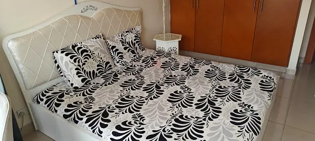 White Upholstered Double Bed with Headboard Side Table and Medical Mattress