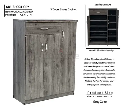 Grey 3-Door Shoe Cabinet with Drawer - Up to 25 Pairs Capacity