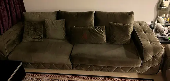 6-Seater Olive Green Velvet Sofa with Cushions — Good Condition